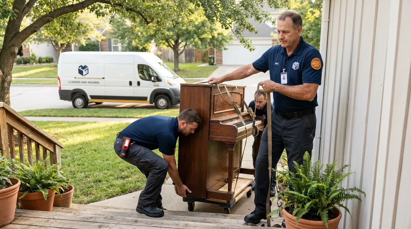 Licensed piano movers securing grand piano in Lumpkin, GA