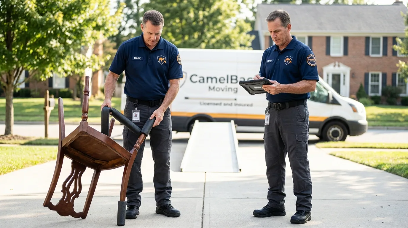 Movers inspecting furniture for damage prevention before loading in Lumpkin, GA