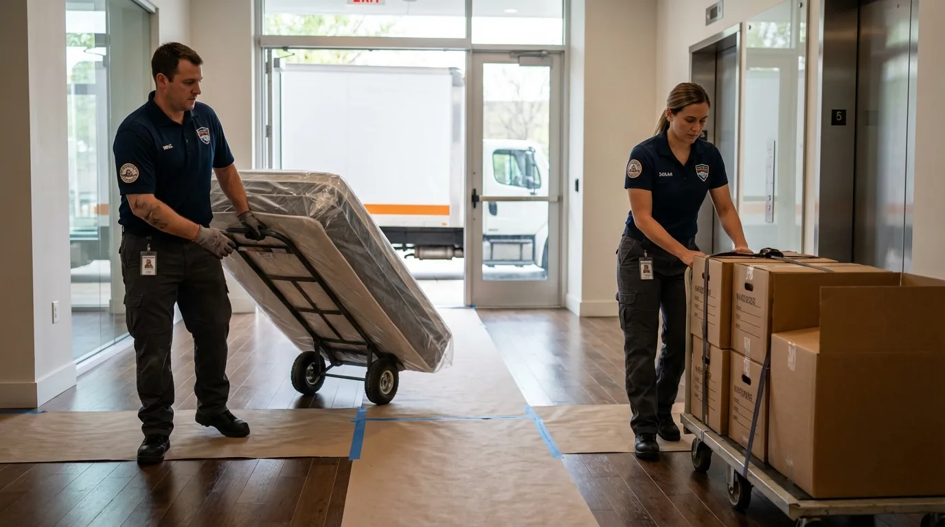 Professional apartment movers loading elevator in Lumpkin, GA